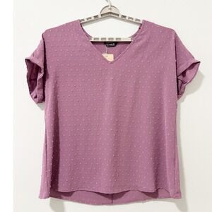 Bloomchic Blouse Women 14-16 Purple Swiss Dot V-Neck Button Back Short Sleeve